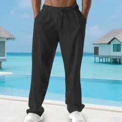 Men's Summer Pants Beach Pants Casual Pants Pocket Elastic Waist Drawstring Plain Comfort Breathable Vacation Daily Holiday Hawaiian Boho Black White