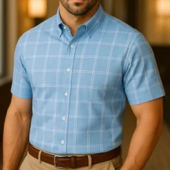 Men's Summer Shirt Casual Shirt Beach Shirt Button Up Shirt Pink Dark Navy Sky Blue Short Sleeve Plaid / Check Lapel Vacation Hawaiian Button-Down Clothing Apparel Polyester Fashion Casual Comfortable