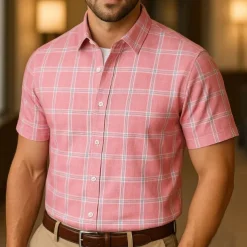 Men's Summer Shirt Casual Shirt Beach Shirt Button Up Shirt Pink Dark Navy Sky Blue Short Sleeve Plaid / Check Lapel Vacation Hawaiian Button-Down Clothing Apparel Polyester Fashion Casual Comfortable