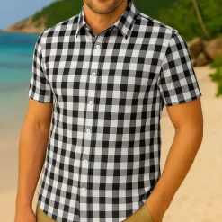 Men's Summer Shirt Casual Shirt Beach Shirt Button Up Shirt Black Pink Sky Blue Short Sleeve Plaid / Check Lapel Vacation Hawaiian Button-Down Clothing Apparel Polyester Fashion Casual Bavarian