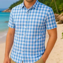 Men's Summer Shirt Casual Shirt Beach Shirt Button Up Shirt Black Pink Sky Blue Short Sleeve Plaid / Check Lapel Vacation Hawaiian Button-Down Clothing Apparel Polyester Fashion Casual Bavarian