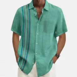 Men's Summer Shirt Casual Shirt Beach Shirt Button Up Shirt Blue Green Short Sleeve Pattern Stripes Lapel Vacation Hawaiian Clothing Apparel Polyester Fashion Casual Comfortable