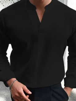 Men's Summer Shirt Casual Shirt Black White Wine Dark Navy Blue Long Sleeve Plain V Neck Street Vacation Sexy Clothing Apparel Fashion Shirts Leisure