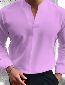 Men's Summer Shirt Casual Shirt Black White Wine Dark Navy Blue Long Sleeve Plain V Neck Street Vacation Sexy Clothing Apparel Fashion Shirts Leisure