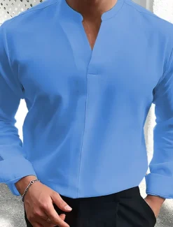 Men's Summer Shirt Casual Shirt Black White Wine Dark Navy Blue Long Sleeve Plain V Neck Street Vacation Sexy Clothing Apparel Fashion Shirts Leisure