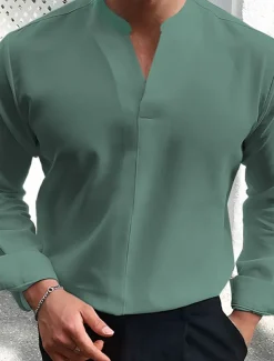 Men's Summer Shirt Casual Shirt Black White Wine Dark Navy Blue Long Sleeve Plain V Neck Street Vacation Sexy Clothing Apparel Fashion Shirts Leisure