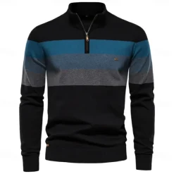 Men's Sweater Pullover Sweater Jumper Knitwear Ribbed Knit Regular Tops Zipper Color Block Turndown Knitwear Neutral Outdoor Clothing Apparel Spring & Fall Black Navy Blue S M L
