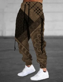 Men's Sweatpants Joggers Trousers Drawstring Elastic Waist 3D Print Graphic Prints Flower / Floral Comfort Sports Outdoor Casual Daily Cotton Blend Terry Streetwear Designer Brown Khaki Micro-elastic