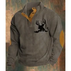 Men's Sweatshirt Black White Army Green Brown Khaki Standing Collar Color Block Reindeer Patchwork Sports & Outdoor Daily Holiday Polyester Corduroy Streetwear Basic Casual Spring & Fall Clothing