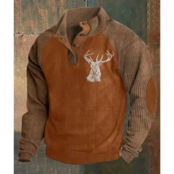 Men's Sweatshirt khaki&black Black Army Green Navy Blue Brown Standing Collar Color Block Reindeer Patchwork Sports & Outdoor Daily Holiday Polyester Corduroy Streetwear Basic Casual Spring & Fall