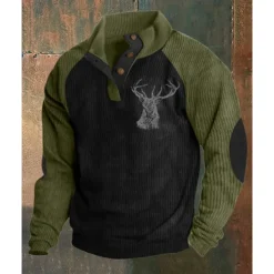 Men's Sweatshirt khaki&black Black Army Green Navy Blue Brown Standing Collar Color Block Reindeer Patchwork Sports & Outdoor Daily Holiday Polyester Corduroy Streetwear Basic Casual Spring & Fall