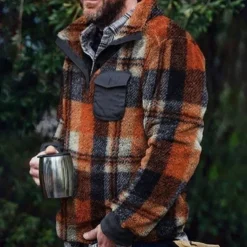 Men's Sweatshirt Polar Fleece Red Blue Orange Gray Standing Collar Plaid Patchwork Pocket Sports & Outdoor Daily Holiday Polyester Streetwear Basic Casual Fall & Winter Clothing Apparel Hoodies