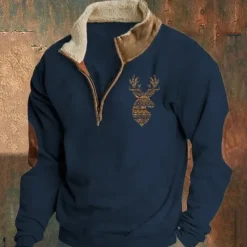 Men's Sweatshirt Quarter Zip Sweatshirt Black Navy Blue Gray Half Zip Color Block Reindeer Patchwork Sports & Outdoor Daily Holiday Polyester Vintage Basic Casual Fall & Winter Clothing Apparel