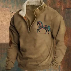 Men's Sweatshirt Quarter Zip Sweatshirt Black Navy Blue Brown Gray Half Zip Color Block Horse Patchwork Sports & Outdoor Daily Holiday Polyester Vintage Basic Casual Fall & Winter Clothing Apparel