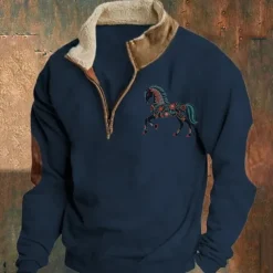 Men's Sweatshirt Quarter Zip Sweatshirt Black Navy Blue Brown Gray Half Zip Color Block Horse Patchwork Sports & Outdoor Daily Holiday Polyester Vintage Basic Casual Fall & Winter Clothing Apparel