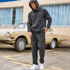 Men's Sweatshirt Tracksuit Sweatsuit Black Army Green Red Navy Blue Light Grey Hooded Plain Drawstring 2 Piece Sports & Outdoor Daily Holiday Streetwear Basic Casual Winter Spring & Fall Clothing