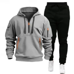 Men's Sweatshirt Tracksuit Sweatsuit Black Navy Blue Khaki Gray Hooded Plain Drawstring 2 Piece Sports & Outdoor Daily Holiday Streetwear Basic Casual Spring & Fall Clothing Apparel Hoodies