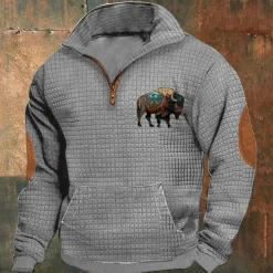 Men's Sweatshirt Waffle Sweatshirt Quarter Zip Sweatshirt Black Navy Blue Khaki Dark Gray Gray Half Zip Graphic Cow Print Patchwork Front Pocket Quarter Zip Daily Holiday Going out Polyester