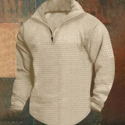 Men's Sweatshirt Waffle Sweatshirt Quarter Zip Sweatshirt Black White Wine Army Green Khaki Half Zip Plain Ribbed Quarter Zip Textured Christmas Daily Holiday non-printing Polyester Streetwear Casual