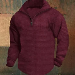 Men's Sweatshirt Waffle Sweatshirt Quarter Zip Sweatshirt Black White Wine Army Green Khaki Half Zip Plain Ribbed Quarter Zip Textured Christmas Daily Holiday non-printing Polyester Streetwear Casual