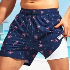 Men's Swim Shorts Board Shorts Swim Trunks Print Quick dry Breathable Drawstring Elastic Waist With Compression Liner Vacation Beach Hawaiian Casual Lake Blue Pink