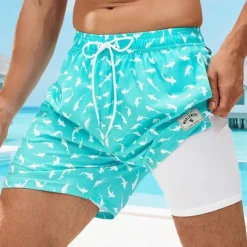 Men's Swim Shorts Board Shorts Swim Trunks Print Quick dry Breathable Drawstring Elastic Waist With Compression Liner Vacation Beach Hawaiian Casual Lake Blue Pink