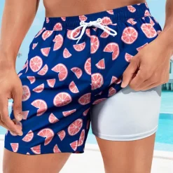 Men's Swim Shorts Board Shorts Swim Trunks Print Quick dry Breathable Drawstring Elastic Waist With Compression Liner Vacation Beach Hawaiian Casual Lake Blue Pink
