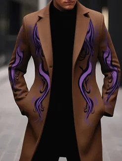 Men's Symbol Winter Coat Overcoat Coat Warm Breathable Comfortable Vintage Business Work Wear to work Going out Pocket Print Fall & Winter Turndown Long Sleeve Black Yellow Purple