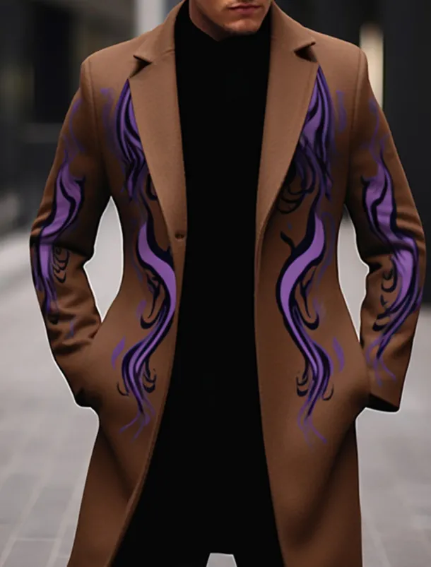 Men's Symbol Winter Coat Overcoat Coat Warm Breathable Comfortable Vintage Business Work Wear to work Going out Pocket Print Fall & Winter Turndown Long Sleeve Black Yellow Purple