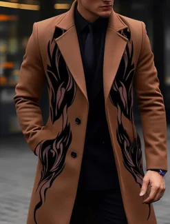 Men's Symbol Winter Coat Overcoat Coat Warm Breathable Comfortable Vintage Business Work Wear to work Going out Pocket Print Fall & Winter Turndown Long Sleeve Black Yellow Purple