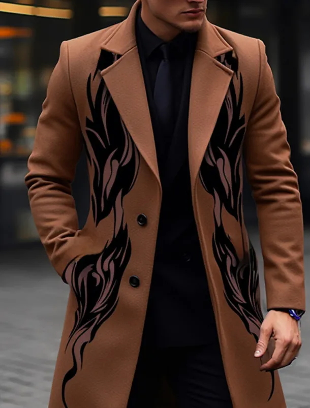Men's Symbol Winter Coat Overcoat Coat Warm Breathable Comfortable Vintage Business Work Wear to work Going out Pocket Print Fall & Winter Turndown Long Sleeve Black Yellow Purple