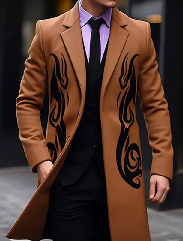 Men's Symbol Winter Coat Overcoat Coat Warm Breathable Comfortable Vintage Business Work Wear to work Going out Pocket Print Fall & Winter Turndown Long Sleeve Black Yellow Purple