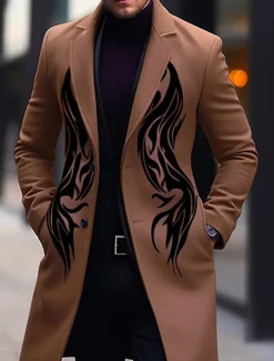 Men's Symbol Winter Coat Overcoat Coat Warm Breathable Comfortable Vintage Business Work Wear to work Going out Pocket Print Fall & Winter Turndown Long Sleeve Ginger Purple khaki