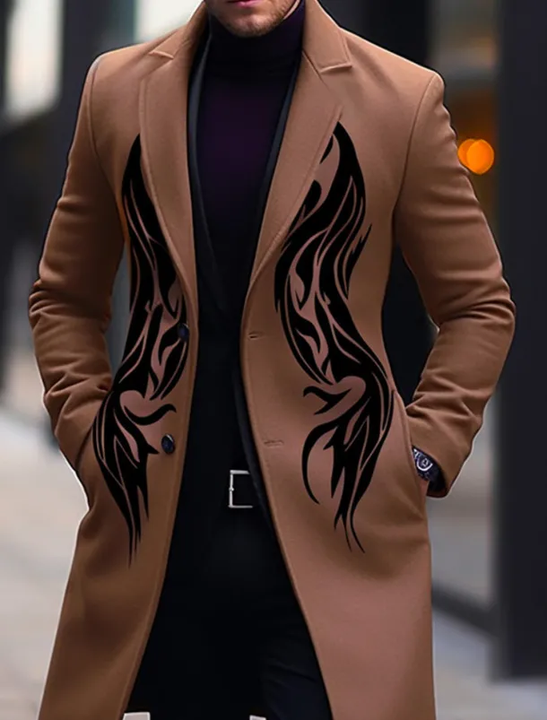 Men's Symbol Winter Coat Overcoat Coat Warm Breathable Comfortable Vintage Business Work Wear to work Going out Pocket Print Fall & Winter Turndown Long Sleeve Ginger Purple khaki