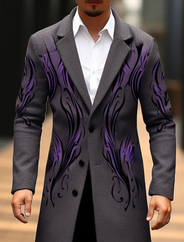 Men's Symbol Winter Coat Overcoat Coat Warm Breathable Comfortable Vintage Business Work Wear to work Going out Pocket Print Fall & Winter Turndown Long Sleeve Ginger Purple khaki