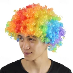 Men's Synthetic Afro Wig with Bangs Short Rainbow Colors Dark Gold Orange Black White Synthetic Hair for Carnival