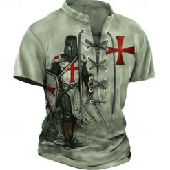 Men's T Shirt Graphic Knights Templar Stand Collar Clothing Apparel 3D Print Causal Memorial Day Short Sleeve Lace up Print Polyester Vintage Fashion Designer