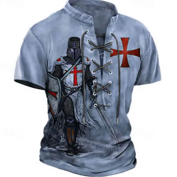 Men's T Shirt Graphic Knights Templar Stand Collar Clothing Apparel 3D Print Causal Memorial Day Short Sleeve Lace up Print Polyester Vintage Fashion Designer