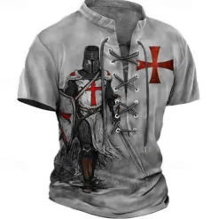 Men's T Shirt Graphic Knights Templar Stand Collar Clothing Apparel 3D Print Causal Memorial Day Short Sleeve Lace up Print Polyester Vintage Fashion Designer