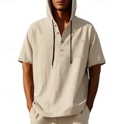 Men's T Shirt Henley Shirt Tee Short Sleeve Shirt Short Sleeve Hooded Summer Spring Plain Fashion Designer Basic Buttons Vacation Street Going out Black White Yellow Top Tee for Men