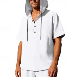 Men's T Shirt Henley Shirt Tee Short Sleeve Shirt Short Sleeve Hooded Summer Spring Plain Fashion Designer Basic Buttons Vacation Street Going out Black White Yellow Top Tee for Men