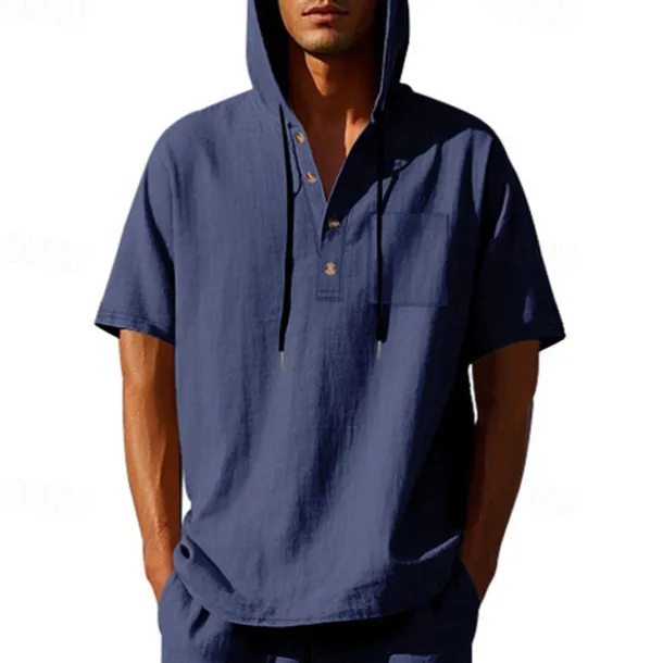 Men's T Shirt Henley Shirt Tee Short Sleeve Shirt Short Sleeve Hooded Summer Spring Plain Fashion Designer Basic Buttons Vacation Street Going out Black White Yellow Top Tee for Men