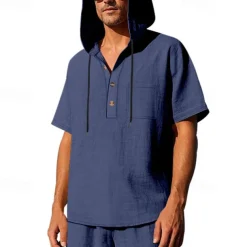 Men's T Shirt Henley Shirt Tee Short Sleeve Shirt Short Sleeve Hooded Summer Spring Plain Fashion Designer Basic Buttons Vacation Street Going out Black White Yellow Top Tee for Men