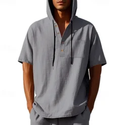 Men's T Shirt Henley Shirt Tee Short Sleeve Shirt Short Sleeve Hooded Summer Spring Plain Fashion Designer Basic Buttons Vacation Street Going out Black White Yellow Top Tee for Men