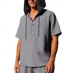 Men's T Shirt Henley Shirt Tee Short Sleeve Shirt Short Sleeve Hooded Summer Spring Plain Fashion Designer Basic Buttons Vacation Street Going out Black White Yellow Top Tee for Men