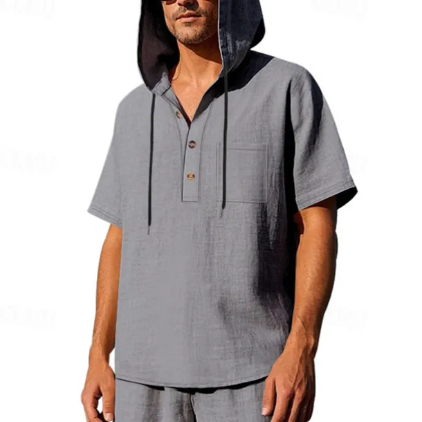 Men's T Shirt Henley Shirt Tee Short Sleeve Shirt Short Sleeve Hooded Summer Spring Plain Fashion Designer Basic Buttons Vacation Street Going out Black White Yellow Top Tee for Men