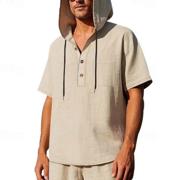 Men's T Shirt Henley Shirt Tee Short Sleeve Shirt Short Sleeve Hooded Summer Spring Plain Fashion Designer Basic Buttons Vacation Street Going out Black White Yellow Top Tee for Men