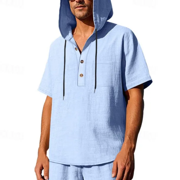 Men's T Shirt Henley Shirt Tee Short Sleeve Shirt Short Sleeve Hooded Summer Spring Plain Fashion Designer Basic Buttons Vacation Street Going out Black White Yellow Top Tee for Men