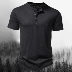 Men's T Shirt Henley Shirt Tee Top Short Sleeves Plain Designer Basic Modern Contemporary Buttons Henley Vacation Street Going out Summer Wine Black White Henley T-Shirt