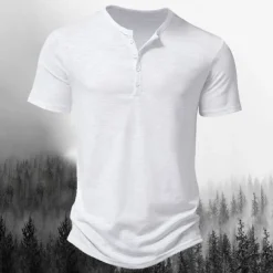 Men's T Shirt Henley Shirt Tee Top Short Sleeves Plain Designer Basic Modern Contemporary Buttons Henley Vacation Street Going out Summer Wine Black White Henley T-Shirt
